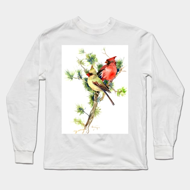 Male and Female Cardinal Birds Long Sleeve T-Shirt by surenart